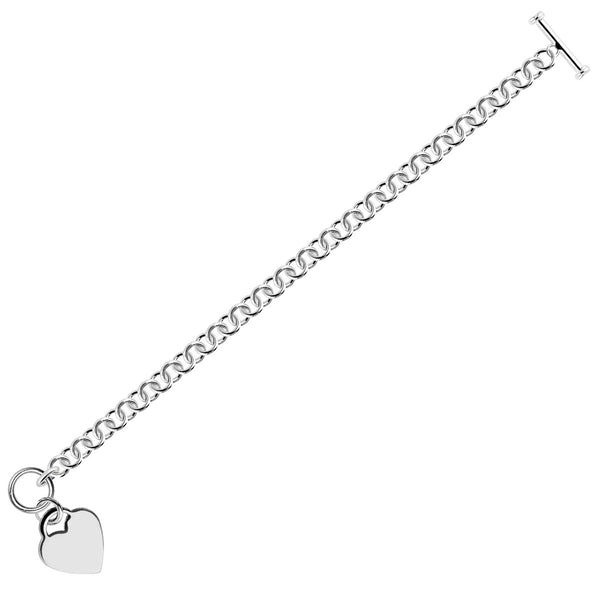 Sterling Silver Rhodium Plated Rolo Chain Bracelet with a Heart Charm (6.00 mm)