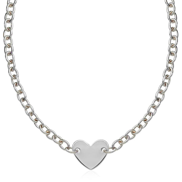 Sterling Silver Rhodium Plated Chain Bracelet with a Flat Heart Motif Station