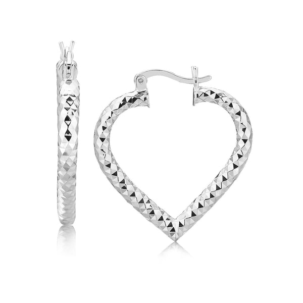 Sterling Silver Rhodium Plated Heart Style Hoop Diamond Cut Earrings(3x22mm)