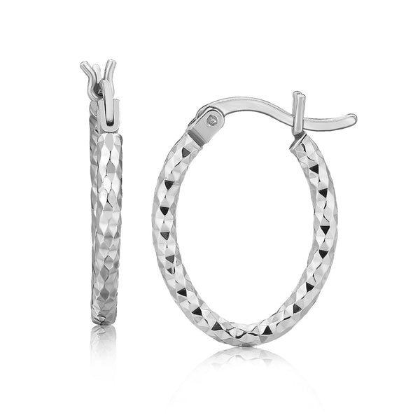 Sterling Silver Rhodium Plated Small Oval Hoop Diamond Cut Textured Earrings(2x10mm)