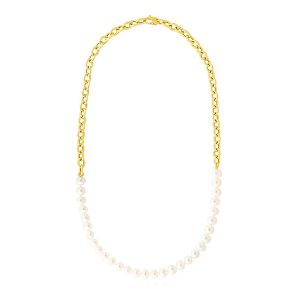 14k Yellow Gold Oval Chain Necklace with Pearls