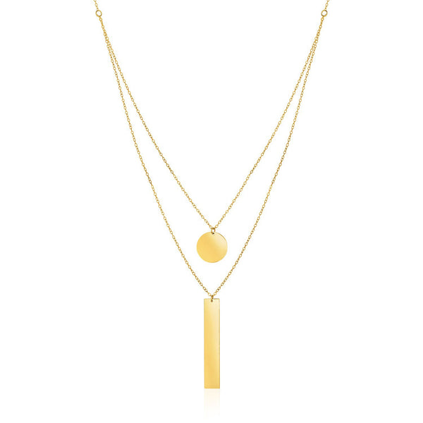 14k Yellow Gold 18 inch Two Strand Necklace with Circle and Bar Pendants