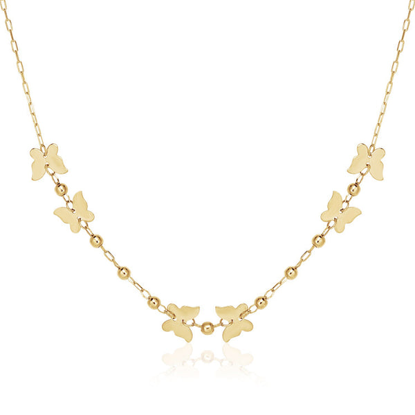 14k Yellow Gold 18 inch Necklace with Polished Butterflies and Beads