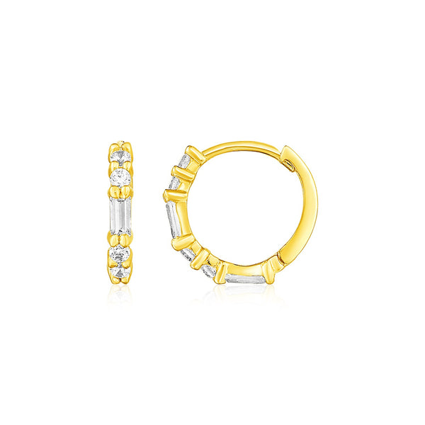 14k Yellow Gold Petite Hoop Earrings with Baguette Cubic Zirconias