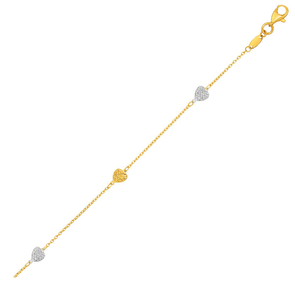 14k Two-Toned Yellow and White Gold Anklet with Textured Hearts