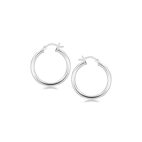 Sterling Silver Rhodium Plated Polished Look Hoop Earrings (3x25mm)