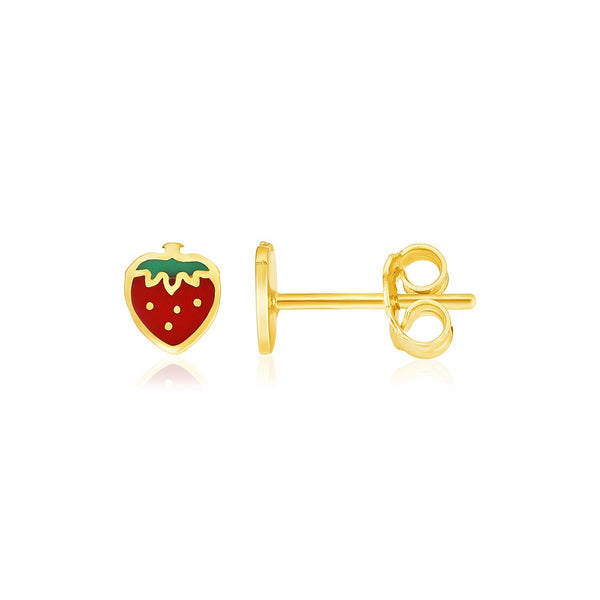 14k Yellow Gold Enameled Strawberry Childrens Earrings