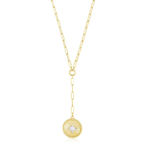 14k Yellow Gold High Polish Star Medallion Two Tone Lariat Necklace