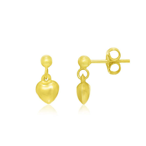 14k Yellow Gold Puffed Heart childrens Dangling Earrings